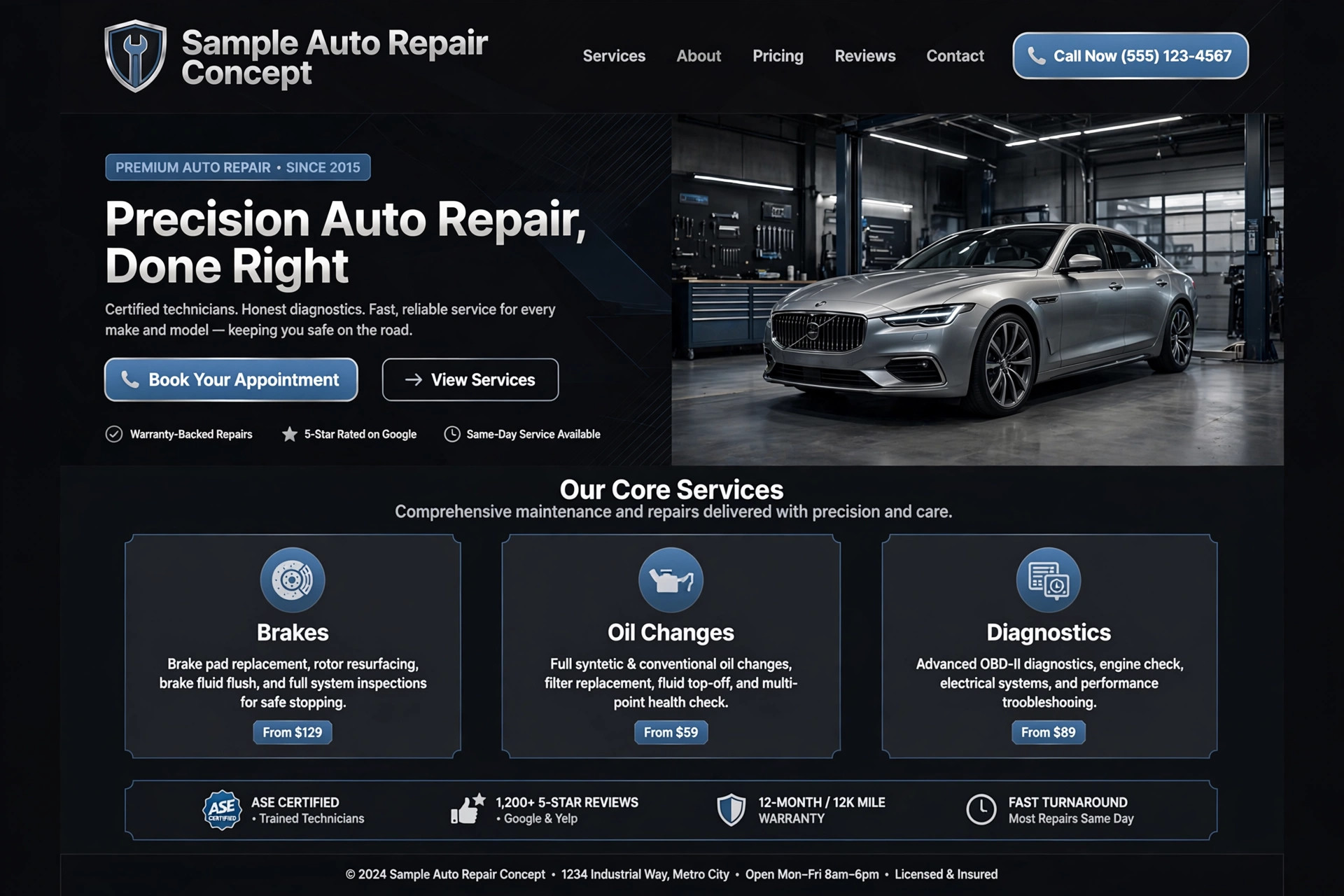 Concept website design for a fictional auto repair shop