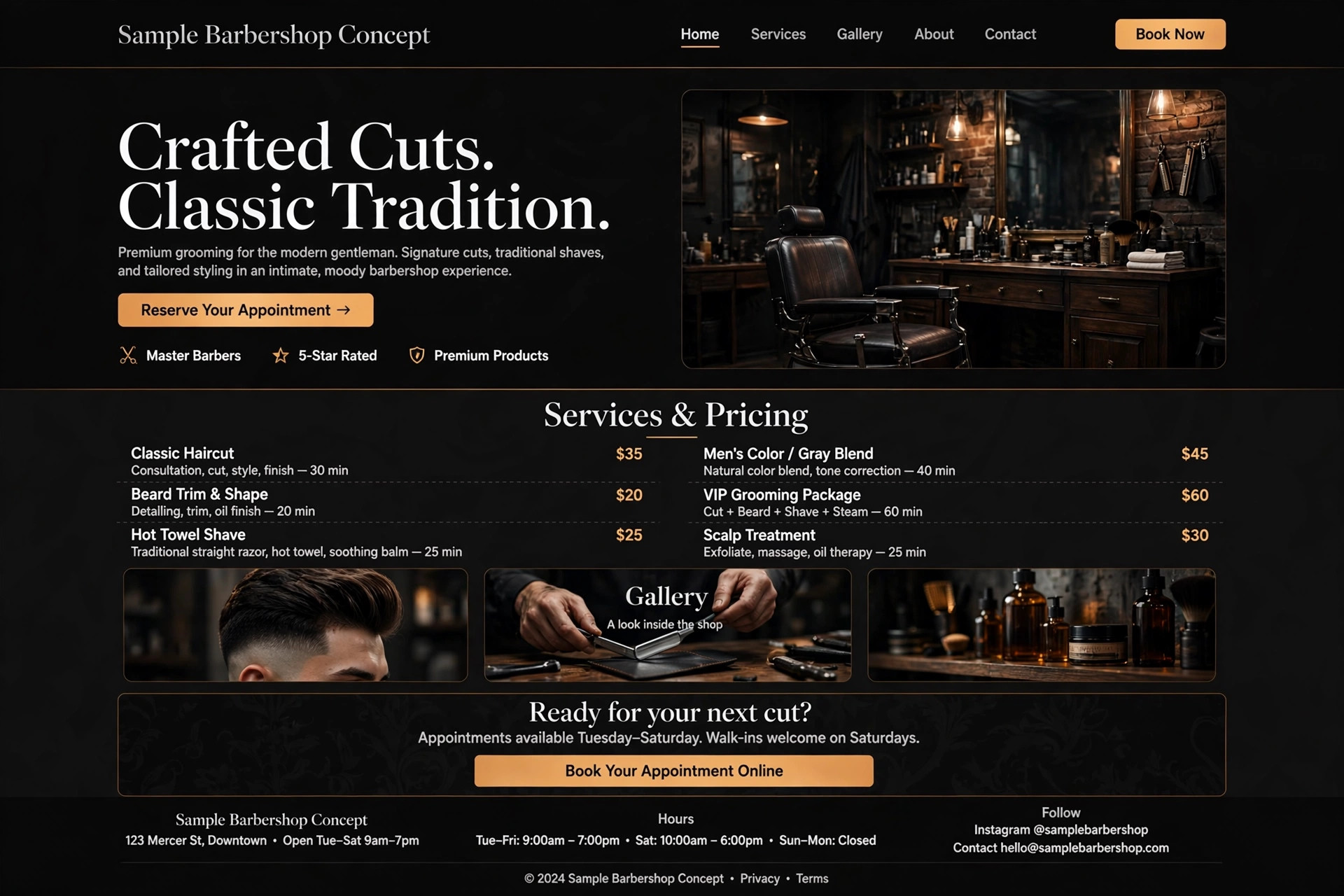 Concept website design for a fictional barbershop