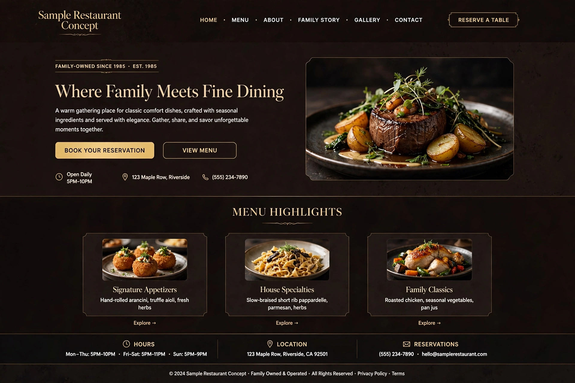 Concept website design for a fictional restaurant